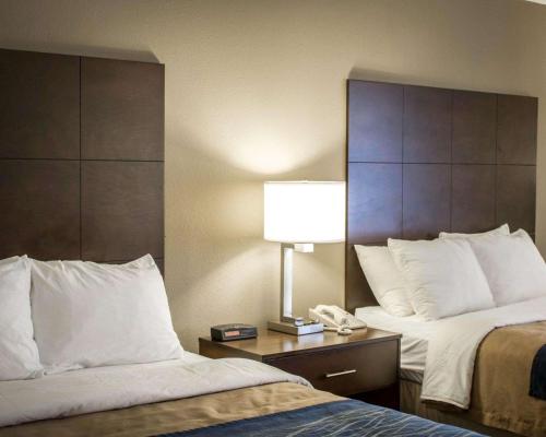 a hotel room with two beds and a lamp on a table at Comfort Inn & Suites Fuquay Varina in Fuquay-Varina