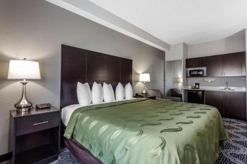 Habitación de hotel con cama con colcha verde en Quality Suites Pineville - Charlotte, en Charlotte
