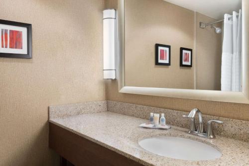 La salle de bains est pourvue d'un lavabo et d'un miroir. dans l'établissement Comfort Inn Fayetteville West Near Fort Liberty, à Fayetteville