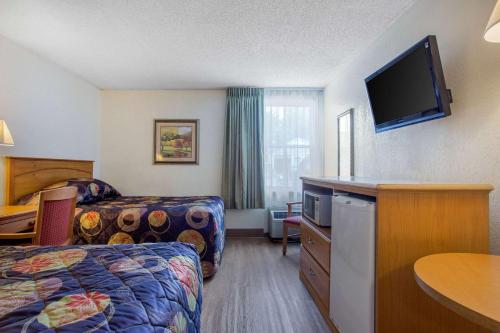 a hotel room with a bed and a flat screen tv at Rodeway Inn Asheville in Asheville