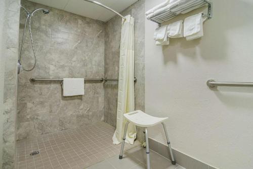 a bathroom with a shower and a white stool at Quality Inn Raeford in Raeford