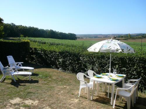 a table and chairs with an umbrella in a field at Les Chalets des Mousquetaires in Mirepoix