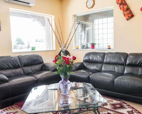 a living room with a leather couch and a glass table at Econo Lodge Albuquerque Old Town in Albuquerque