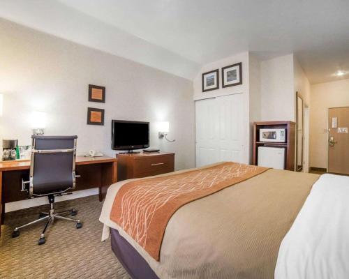 a hotel room with a bed and a desk and a television at Comfort Inn Elko in Elko