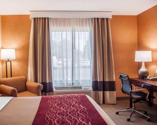 a hotel room with a bed and a desk and a window at Quality Inn Near Walden Galleria Mall in Cheektowaga