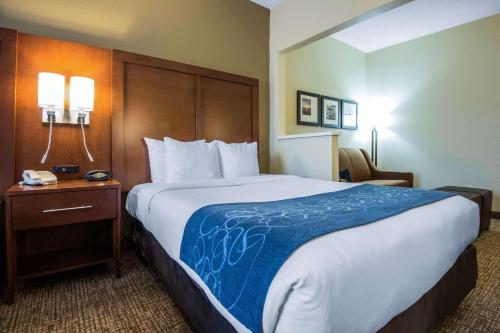 a hotel room with a large bed and a table at Comfort Suites Rochester Henrietta University Area in Henrietta