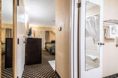 Habitación de hotel con cama y espejo en Quality Inn Ithaca - University Area, en Ithaca