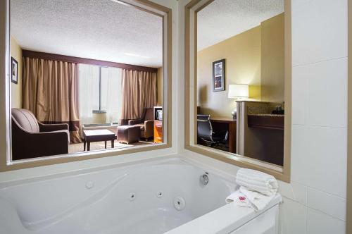 a bathroom with a tub, toilet, sink and mirror at Comfort Inn Downtown Cleveland in Cleveland