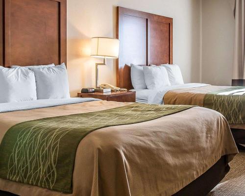 a hotel room with two beds and a lamp at Bluffton Inn & Suites in Bluffton