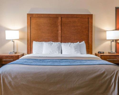 a large bed in a hotel room with two lamps at Bluffton Inn & Suites in Bluffton