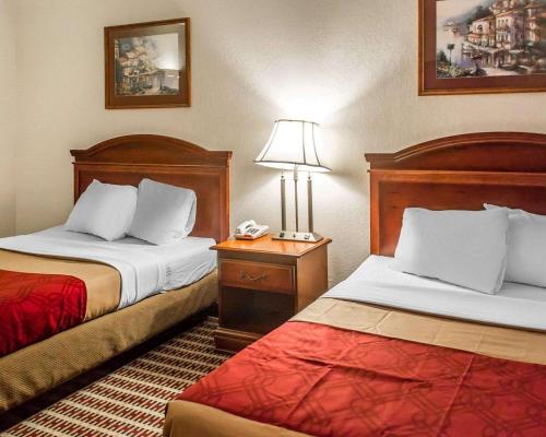 a hotel room with two beds and a table with a lamp at Economy Inn & Suites in Warren