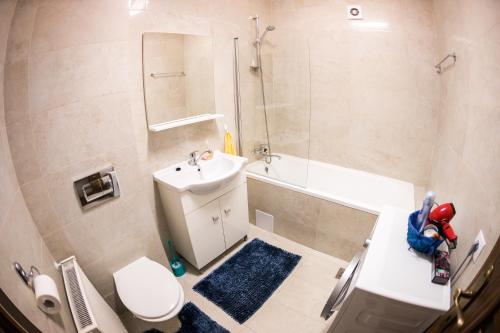 a bathroom with a sink and a toilet and a shower at Travel Homzzz Apartments in Târgu-Mureş