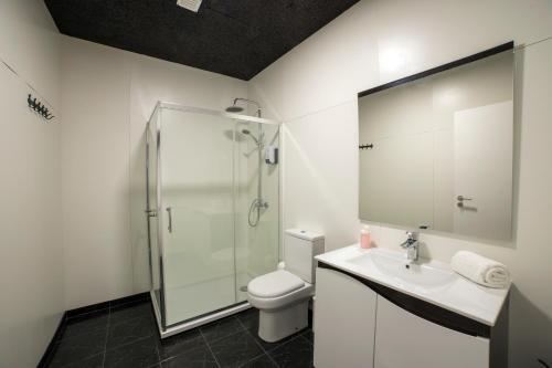 uma casa de banho com um chuveiro, um WC e um lavatório. em 44House - Quinta do Casal em Mesão Frio