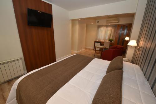 a hotel room with a bed and a television at Gran Hotel Skorpios in Mar del Plata