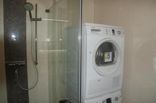 グラール・ミューリッツにあるFeWo Meerestraumのバスルーム(シャワー付)の洗濯機が備わります。