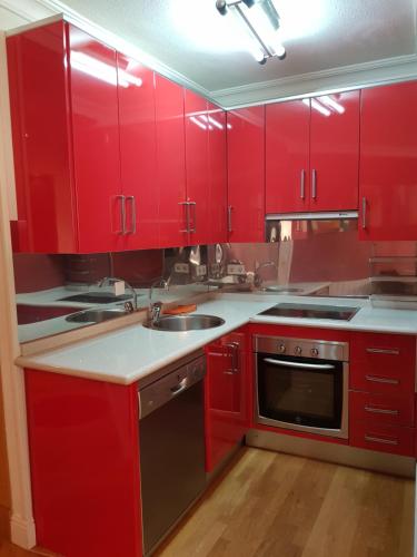 シエラネバダにあるPenibetico ERB Alojamientosのキッチン(赤いキャビネット、シンク付)