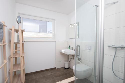 a bathroom with a toilet and a sink and a shower at Schwimmendes Haus Triton in Olpenitz