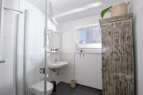 a bathroom with a shower and a toilet and a sink at Schwimmendes Haus Sanibel in Olpenitz