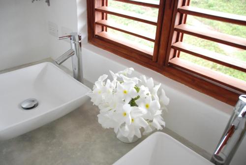 a white vase with white flowers sitting next to a sink at Villa Noria in Las Terrenas
