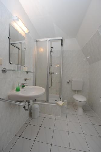 ein Bad mit einem Waschbecken, einer Dusche und einem WC in der Unterkunft Gasthof und Pension Zick in Eggesin