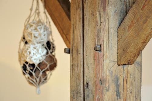 a bird nest hanging from the side of a wall at L'Aube du Moulin in Gleizé