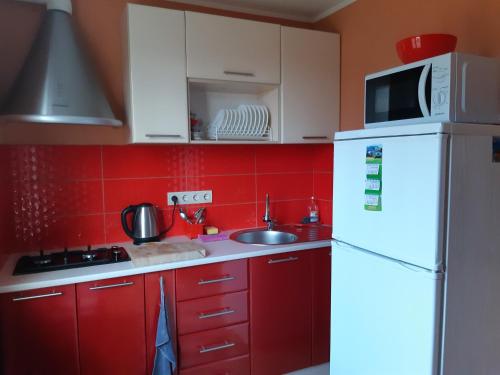 a kitchen with red cabinets and a white refrigerator at Dacha PODOBOVETS 127 in Podobovets