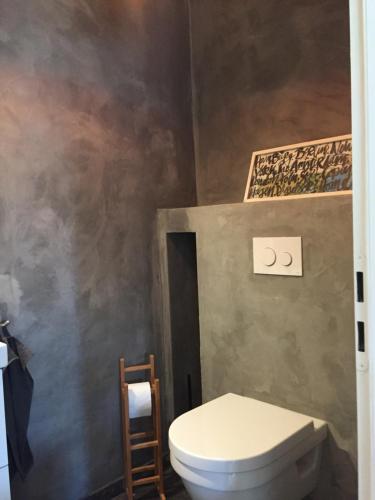 a bathroom with a white toilet in a room at Uns Landhus 43 - 5 Personen in Tating