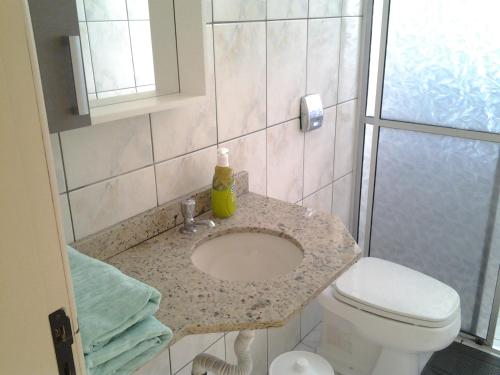 a bathroom with a sink and a toilet at Serra Gaúcha Uva e Vinho in Bento Gonçalves