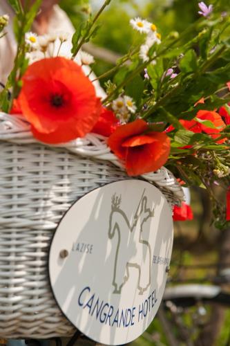 a basket with flowers and a sign on it at Cangrande Hotel in Lazise