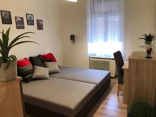 - un salon avec un lit et une fenêtre dans l'établissement City Apartman, à Pécs