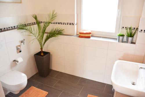 łazienka z toaletą, umywalką i rośliną w obiekcie Appartment Vogel Ferienwohnungen w mieście Zirndorf