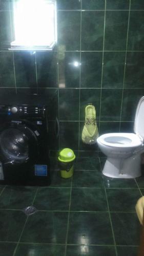 a green tiled bathroom with a toilet and a washing machine at Boutique hotel in Poti