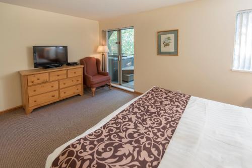 a bedroom with a bed and a television and a chair at Valhalla Vacations at Whistler in Whistler