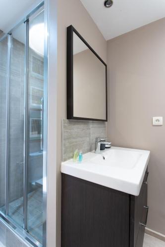 une salle de bain avec un lavabo et un miroir dans l'établissement Appartement au pied de la cathédrale, à Reims