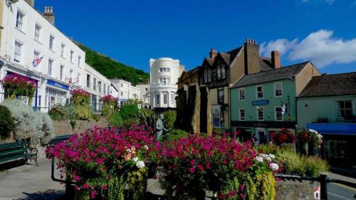 a group of buildings and flowers in a town at By the Way in Great Malvern