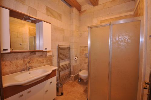 Un baño con ducha, lavabo e inodoro. en Cappadocia Stone Palace, en Göreme