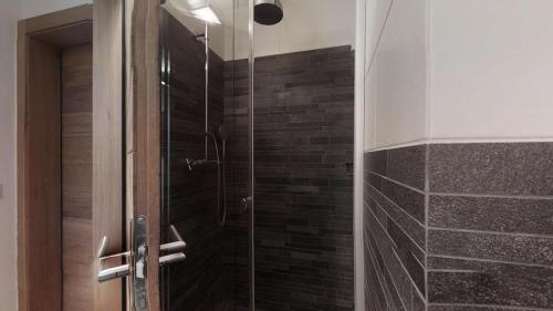 a shower with a glass door in a bathroom at Murtel 4 - Sils-Maria in Sils Maria