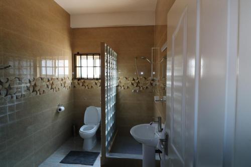 a bathroom with a toilet and a sink and a shower at Le Ronce Villa in Anse Royale