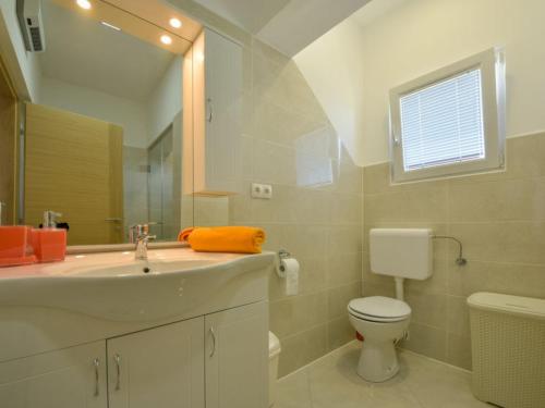 a bathroom with a sink and a toilet and a mirror at Apartman Nina in Kruševo