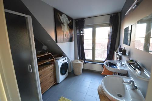 een badkamer met 2 wastafels en een wasmachine bij Ars Vivendi in Moerbeke