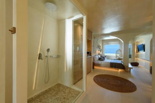 a bathroom with a walk in shower and a bedroom at Divelia East in Imerovigli