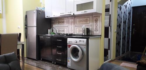 a kitchen with a washing machine and a refrigerator at Apartament GIORGI in Borjomi