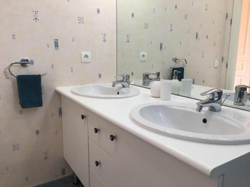 La salle de bains est pourvue de 2 lavabos et d'un miroir. dans l'établissement Joli 3P avec terrasse et Garage proche Centre, à Strasbourg