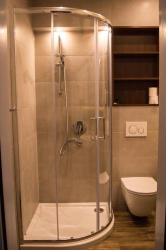 a shower stall in a bathroom with a toilet at Resort Jura in Kroczyce