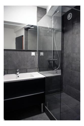 une salle de bain avec un lavabo et une douche dans l'établissement Cosy appart 80m2 hyper centre/vieux Lille, à Lille