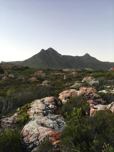 a group of rocks with a mountain in the background at Rondawel with sea view in Kleinmond