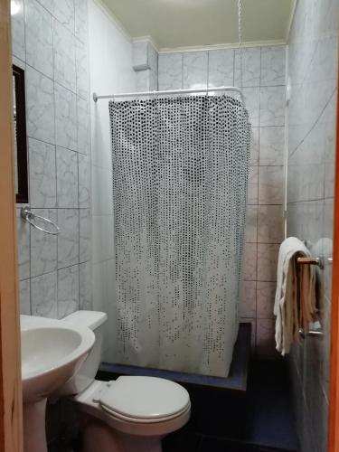 un bagno con doccia, WC e lavandino di Hostal Dinamarca a Valparaíso