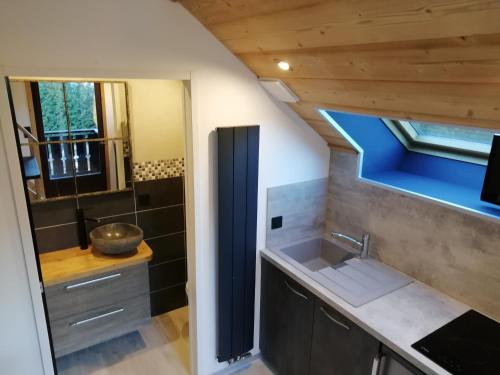 La petite salle de bains est pourvue d'un lavabo et d'un miroir. dans l'établissement Studio en Duplex Renové, à Thônes