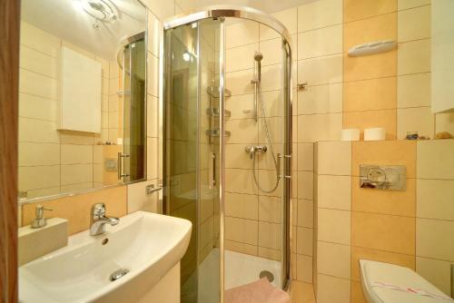 カルパチにあるApartament Czekoladowyのバスルーム(シャワー、洗面台、トイレ付)
