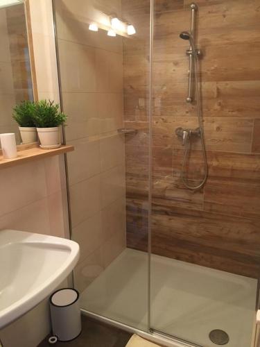 a shower with a glass door next to a sink at Appartement Pichler in Radstadt